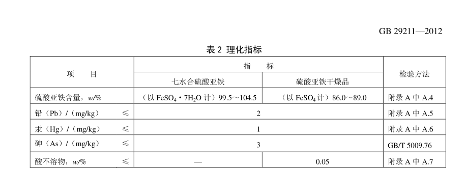 食品添加劑硫酸亞鐵*標(biāo)準(zhǔn)GB29211-2012